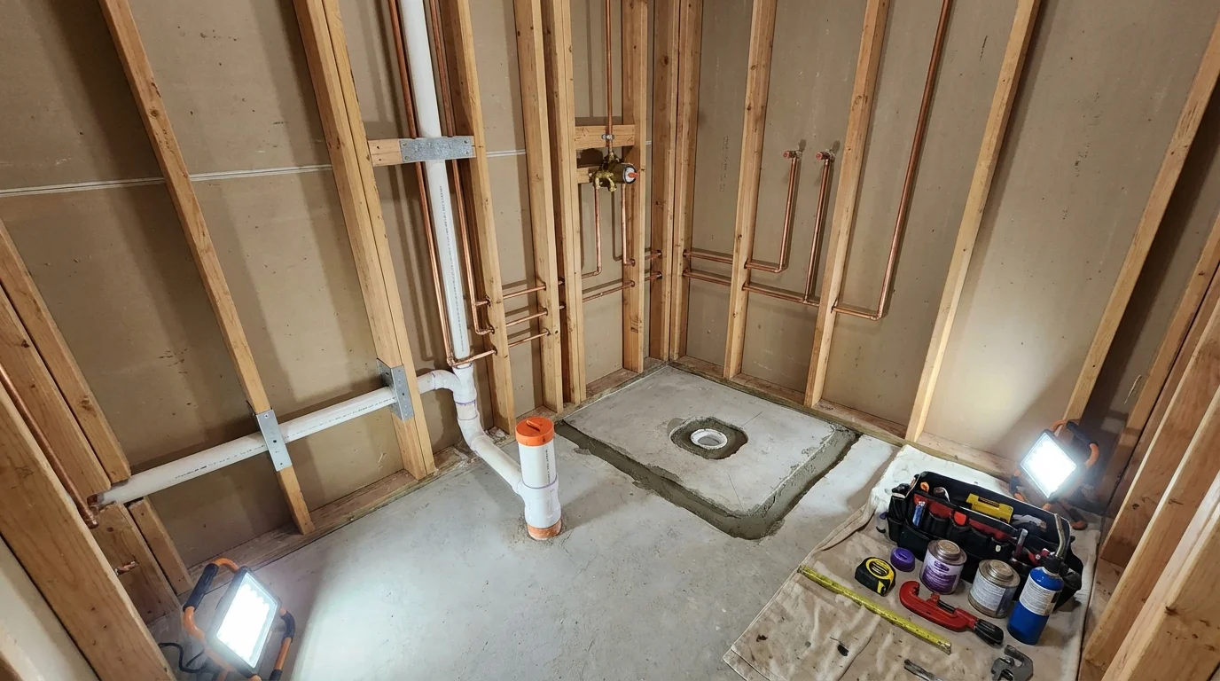 Bathroom rough-in plumbing during remodel by Johns Plumbing LLC in Odon