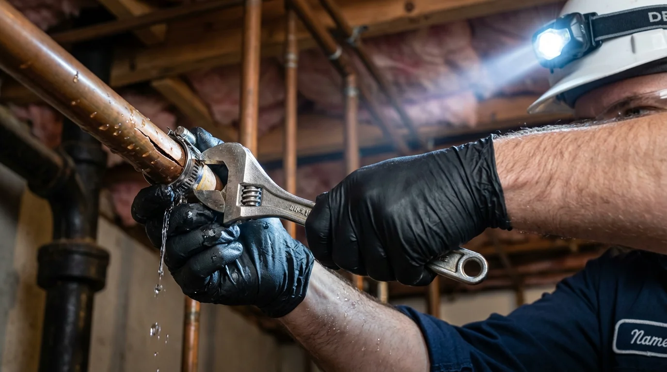 Emergency pipe clamp repair being performed by a Johns Plumbing LLC plumber in Odon