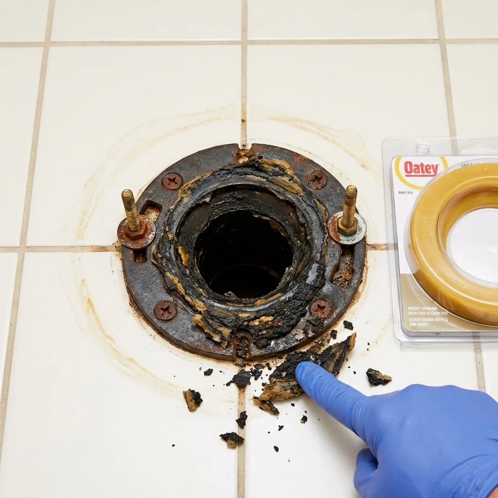 Failed wax ring showing water seepage at the base of a toilet in a Odon, IN home
