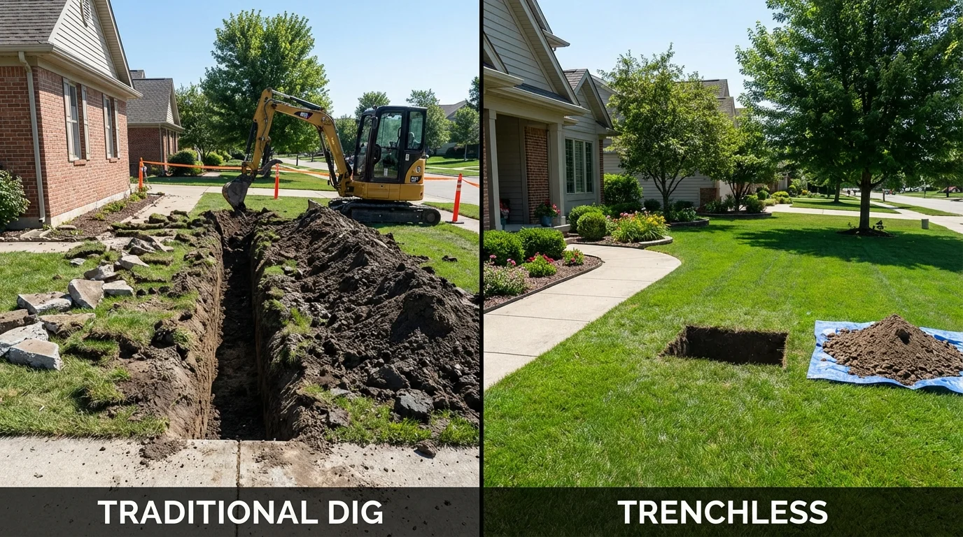 Trenchless sewer repair with minimal yard damage versus traditional excavation in Odon, IN