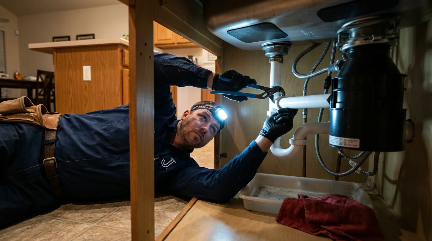 P-trap and supply line connections under a kitchen sink showing a common leak point in Odon, IN